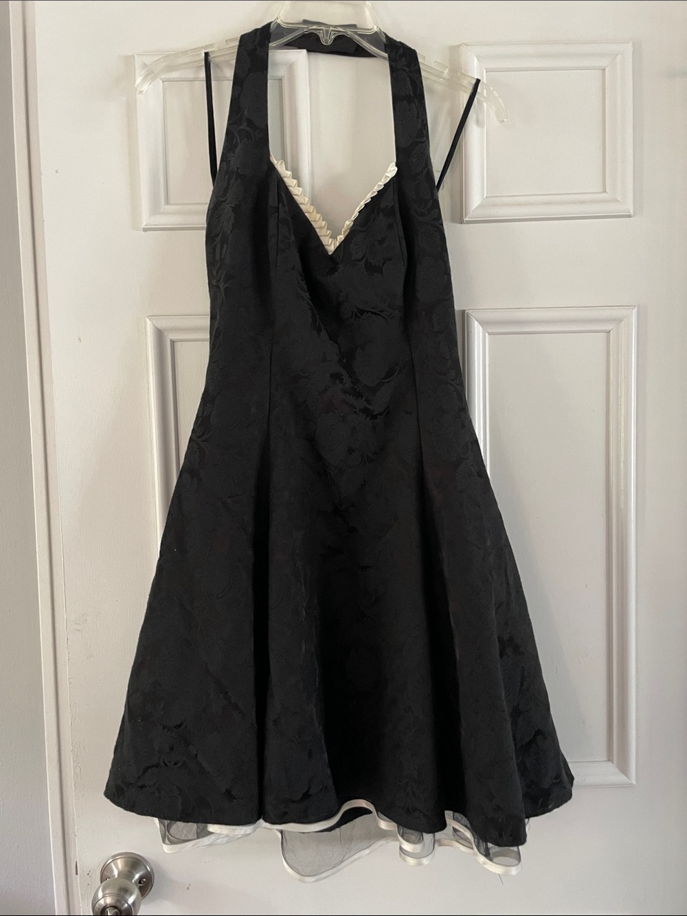 Black' A-Line Halter Jacquard Dress with Contrast Trim